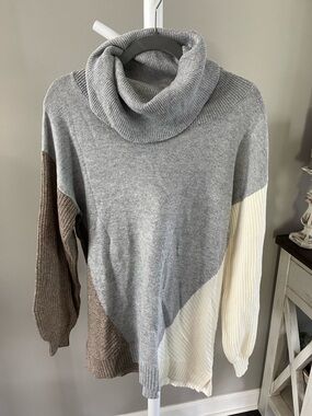 Maurices Colorblock Cowlneck Sweater — Gray, Brown & Cream